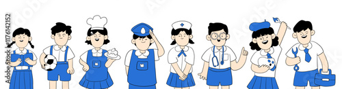 Cartoon kids of different professions, children in School uniform.