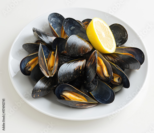 Plate of mussels with a lemon slice in the center
