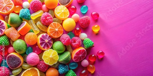 Colorful candy and fruit jelly jujube scattered on a bright pink background with vibrant colors and playful arrangement, sweet treats, still life photo