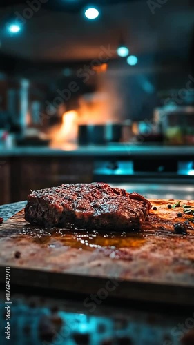 Juicy steak resting on a cutting board in a warm kitchen during evening meal preparation