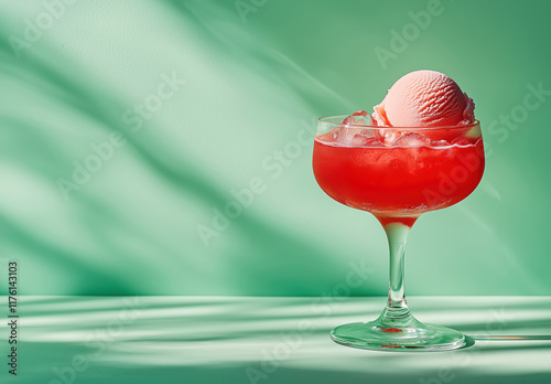 A red cocktail with ice cream and a strawberry in a crystal glass on a green background