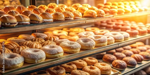 Warm, golden light spills from a bakery case filled with freshly baked donuts in various shapes and sizes, enticing customers to indulge in a sweet treat, donut, bakery