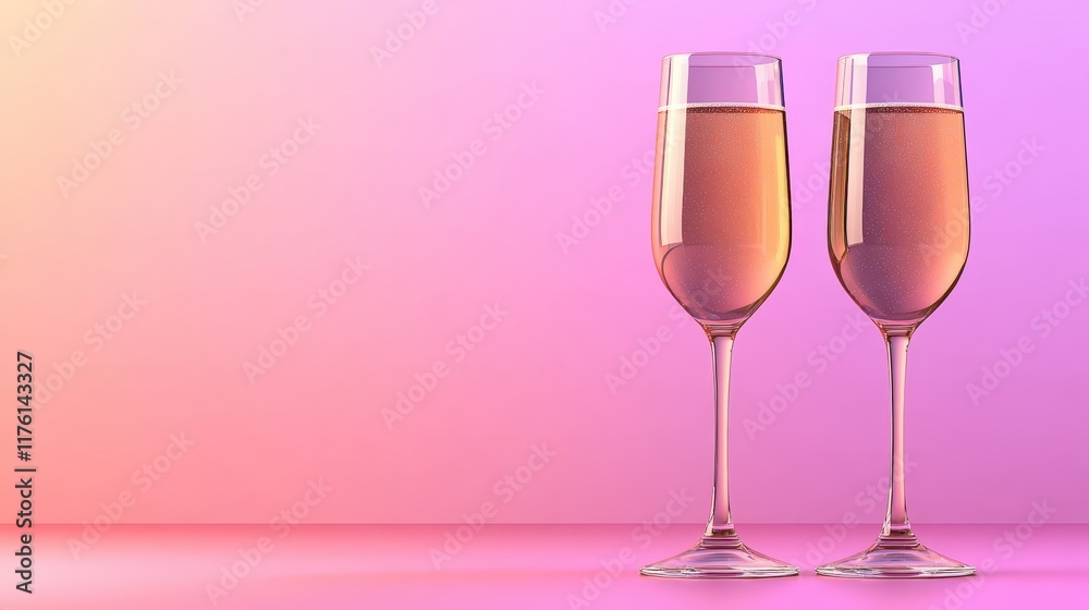 Pink champagne bubbling in tall glasses with a blurred romantic background and space for text close up celebratory theme ethereal composite fine dining backdrop