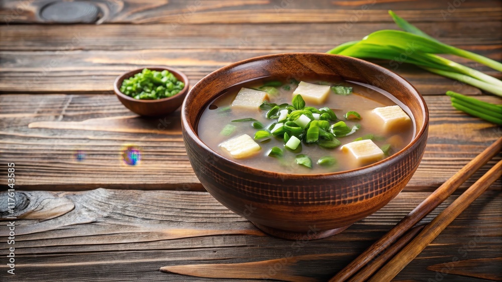 Traditional Japanese miso soup in a rustic brown bowl on a wooden table, garnished with sliced green onions and shiso leaves , brown bowl, japanese culture Traditional Japanese miso soup in a rustic brown bowl on a wooden table, garnished with sliced green onions and shiso leaves , brown bowl, japanese culture