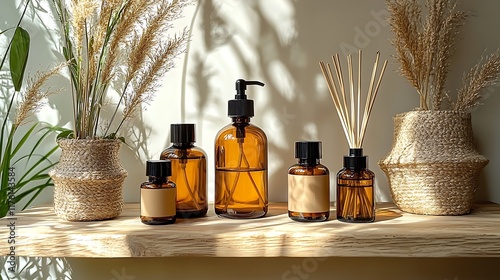 Amber bottles, reeds diffuser, pampas grass, wooden shelf, sunlight, home decor, spa setting