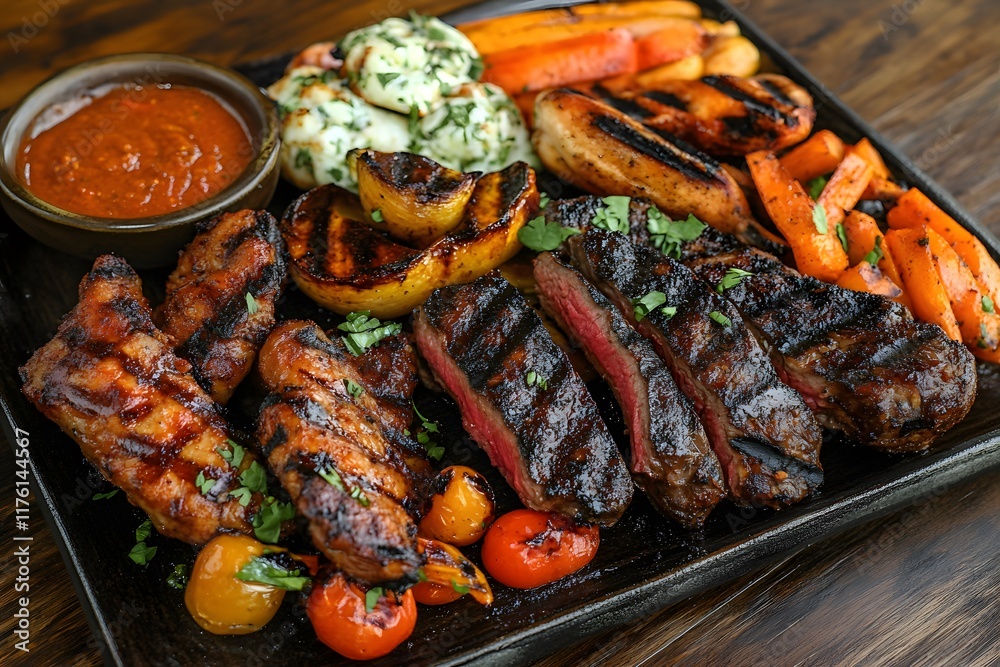 BBQ platter with grilled meat and vegetables.