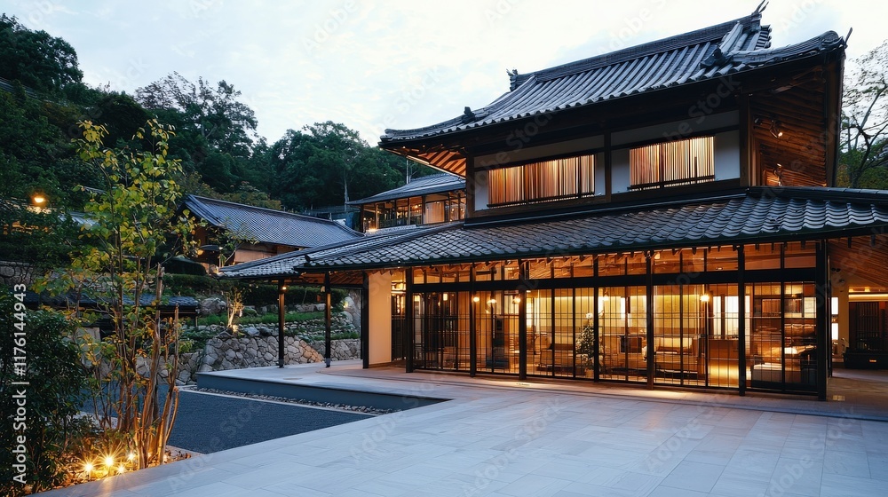 A large, Eastern-style building with a tiled roof and transparent doors, surrounded by trees and a courtyard. A large, Eastern-style building with a tiled roof and transparent doors, surrounded by trees and a courtyard.