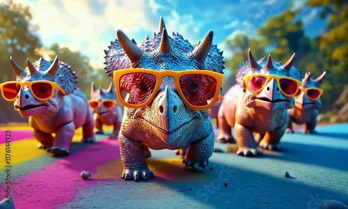 a group of triceratops wear sunglasses walking  in the nature
