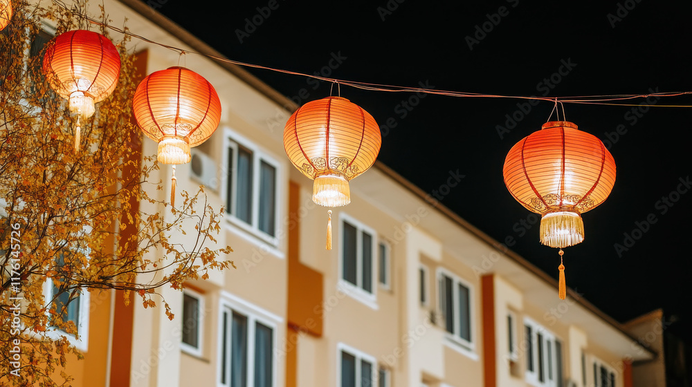 Colorful lanterns illuminate a building at night, creating a festive atmosphere.
