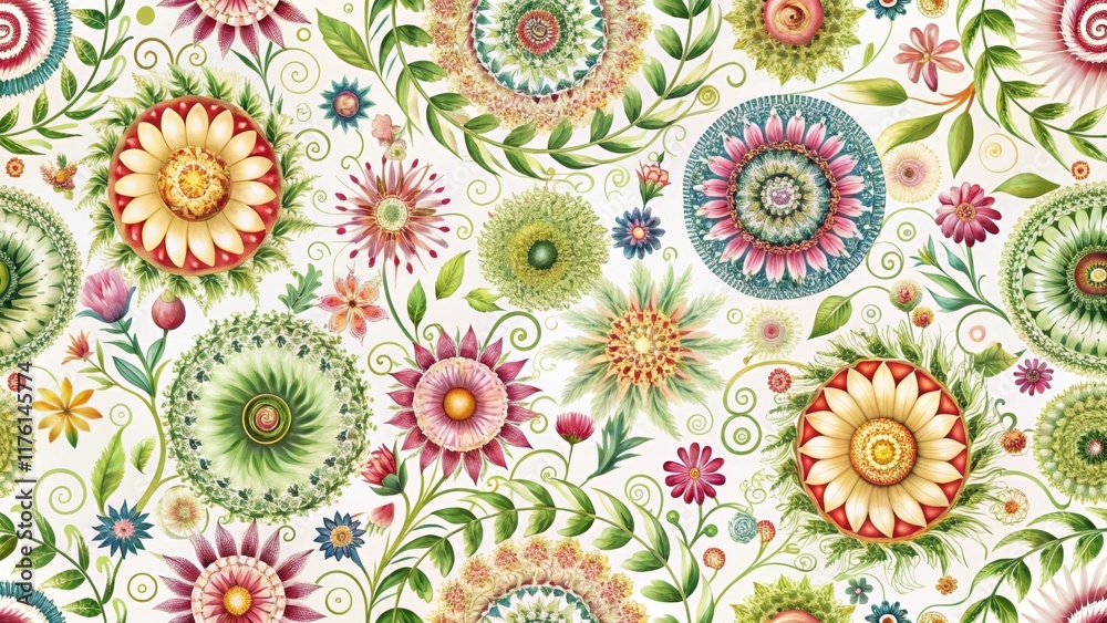 Floral patterns with spiral shapes, geometric forms and repeating motifs on a white background , intricate patterns, botanical illustration Floral patterns with spiral shapes, geometric forms and repeating motifs on a white background , intricate patterns, botanical illustration
