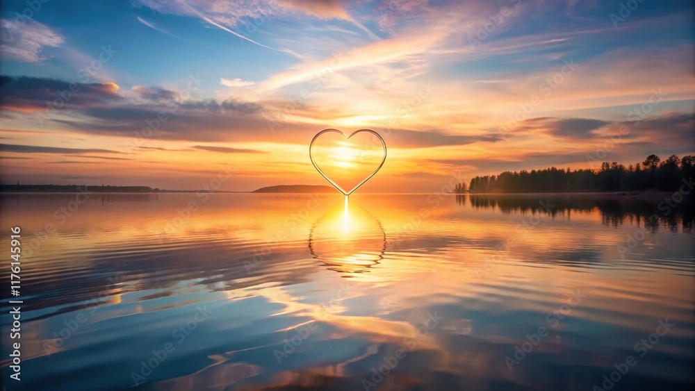 A delicate floating heart with a subtle glow, suspended above a tranquil lake at sunset, gentle, serene,  gentle, serene, outdoors