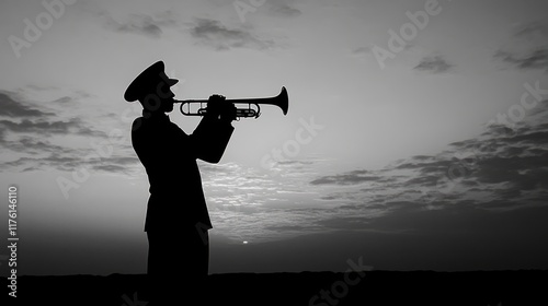 A silhouette of a bugler playing 'Taps' at sunset, minimalist and poignant black-and-white sketch  photo