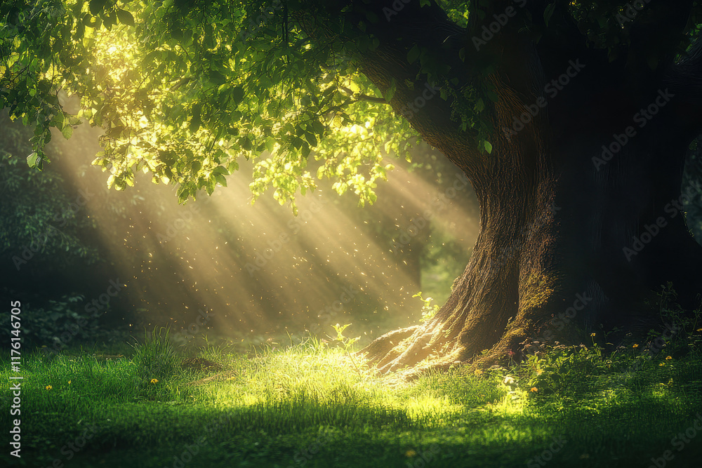 Fototapeta premium Sunlight filtering through leaves, illuminating a serene forest scene.