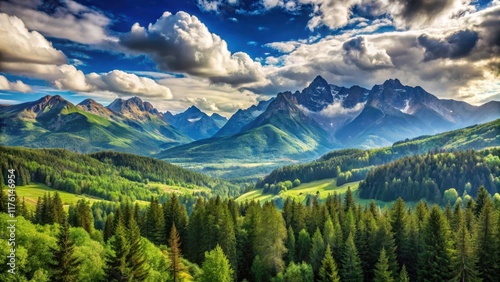 Serene mountain landscape with vast sky and fluffy white clouds scattered across the horizon, surrounded by lush green trees and rugged peaks , scenery, clouds