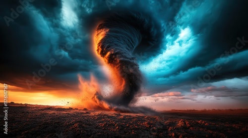 This stunning image depicts an impressive tornado rapidly forming beneath a dramatic dusk sky, showcasing nature's majestic power and instilling a sense of wonder and respect for the elements. photo