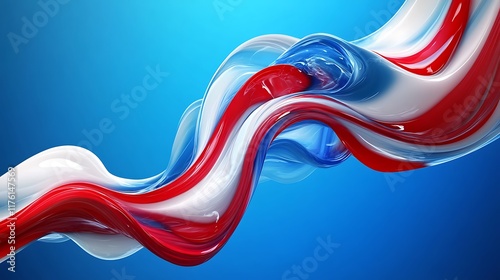 Fluid motion of red white and blue paint creating dynamic abstract forms on a blue background