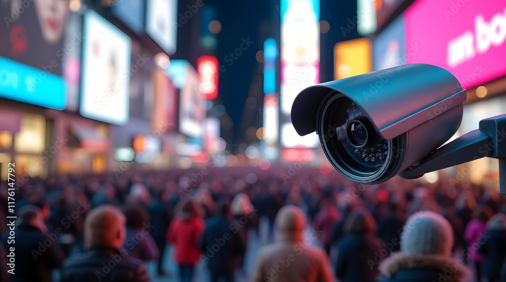 Security camera monitoring crowded urban street with surveillance technology ensuring public safety and crowd control. Security camera monitoring crowded urban street with surveillance technology ensuring public safety and crowd control.