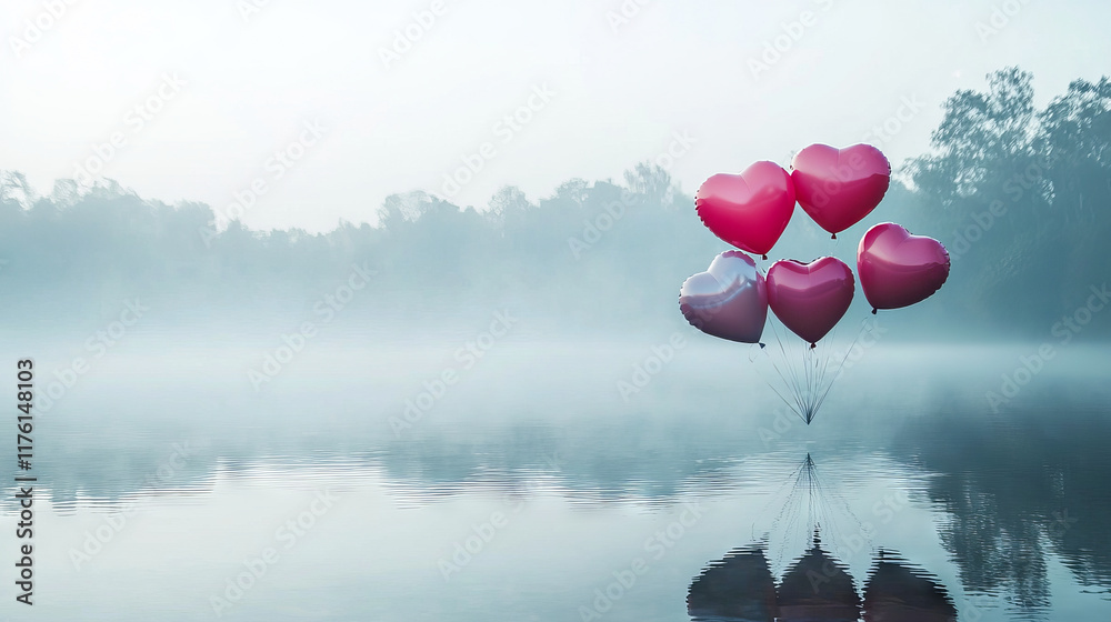 Fototapeta premium Heart-Shaped Balloons Soaring Over a Serene Lake on a Misty Morning. Concept of Love, Tranquility, Romantic Atmosphere, Nature's Beauty.. Valentine's Day. Copy space