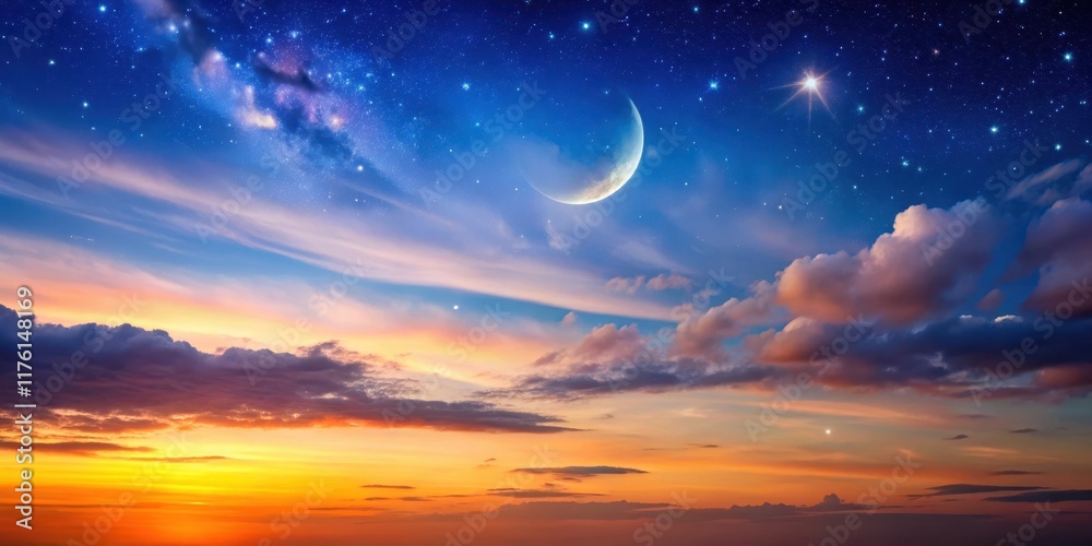 Serene twilight sky with stars and moon, peaceful evening, twilight sky, peaceful evening Serene twilight sky with stars and moon, peaceful evening, twilight sky, peaceful evening