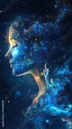 Captivating digital of a female face emerging from a swirling cosmic galaxy filled with glowing particles stars and a mystical energy field conveying a sense of wonder imagination and spiritual photo