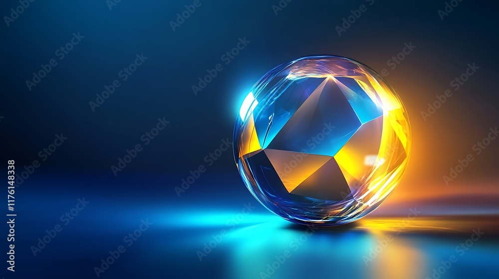 Transparent bright yellow and shining blue geometric glass sphere with glowing reflections on abstract background