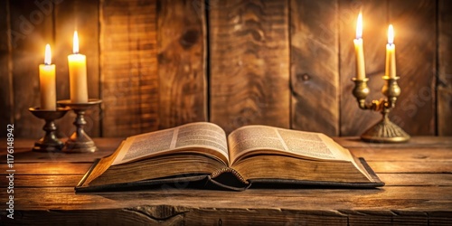 Sacred Scripture on Elegant Wooden Table, ancient pages, holy book