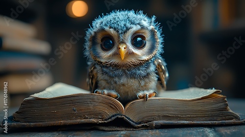 Cute owl resting on antique book, soft lighting photo