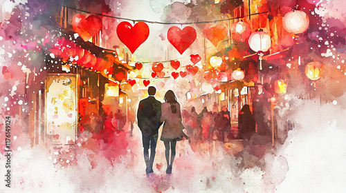 Romantic Couple Strolling Under Glowing Red Lanterns in a Heart-Themed Street Scene Art. Concept of Love, Romantic Getaway, Cultural Festivities, Heartfelt Moments.. Valentine's Day
