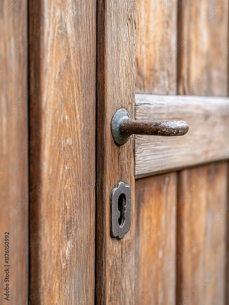 Close-up of a weathered wooden door with a vintage doorknob and keyhole. Close-up of a weathered wooden door with a vintage doorknob and keyhole.