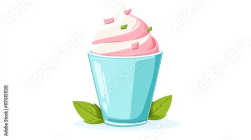 Pink swirl frozen yogurt cup, dessert, studio, white background, menu photo