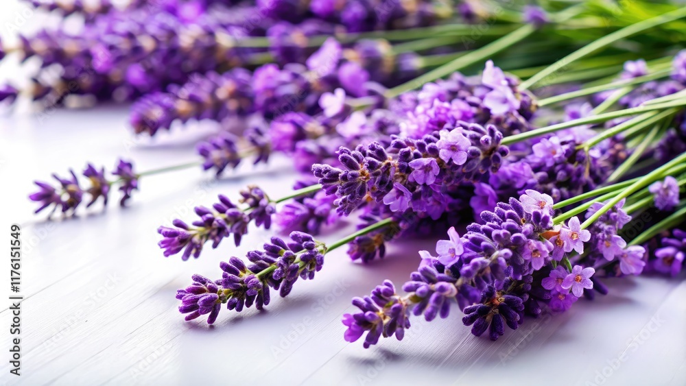 Fototapeta premium Aerial Lavender Bloom Photography: White Background, Text Space, Purple Flowers, Top View