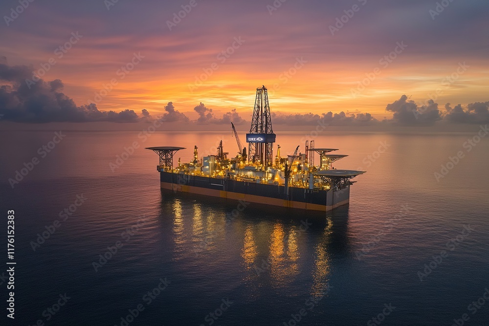 Fototapeta premium Offshore Oil Rig at Sunset with Calm Waters and Vibrant Orange and Purple Reflections