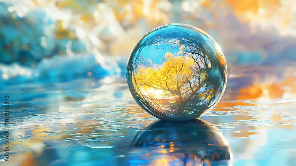 Transparent glowing glass sphere with yellow and blue hues in a colorful abstract environment