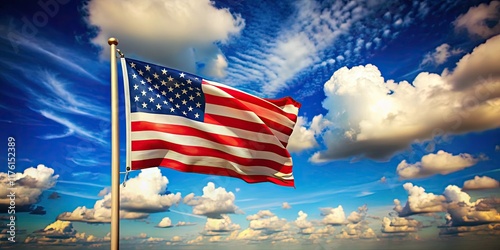 American Flag Panorama: Waving USA Flag, Blue Sky, Tilt-Shift, Patriotic Wallpaper