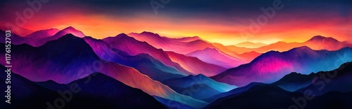 Breathtaking panoramic view of a majestic mountainous landscape with vibrant hues of red orange and purple in the sky during a stunning sunset