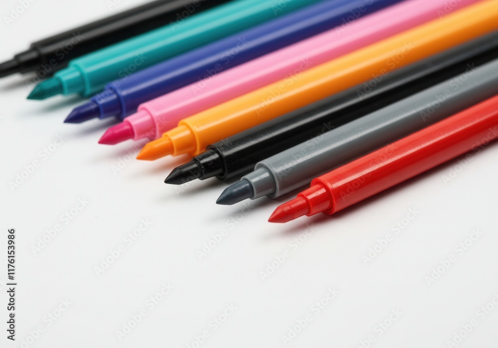Fototapeta premium Vibrant assortment of colorful markers lined up on white background