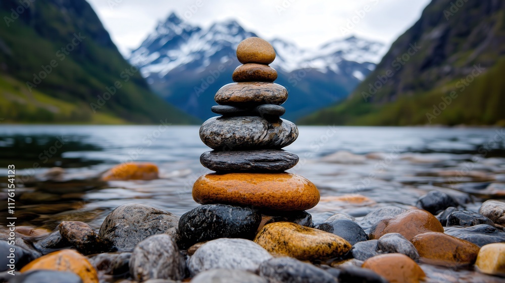 Stacked stones on a riverbank with scenic mountain landscape Stacked stones on a riverbank with scenic mountain landscape