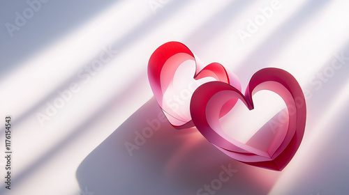 Minimalist Art of Two Intertwined Hearts in Soft Light Reflection. Concept of Love, Romance, Unity, and Artistic Expression.. Valentine's Day. Copy space
