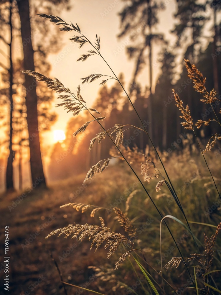 Obraz premium Wild grass in the forest at sunset