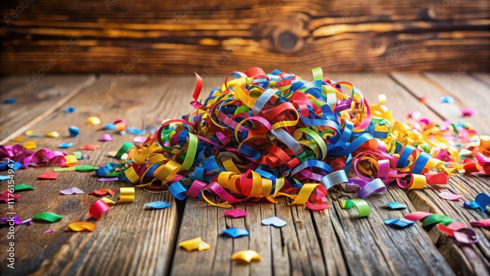 A pile of colorful confetti on a table, with a few ribbons tangled among them, against a natural wood background, showcasing the tactile quality of the confetti, isolated , party decorations A pile of colorful confetti on a table, with a few ribbons tangled among them, against a natural wood background, showcasing the tactile quality of the confetti, isolated , party decorations
