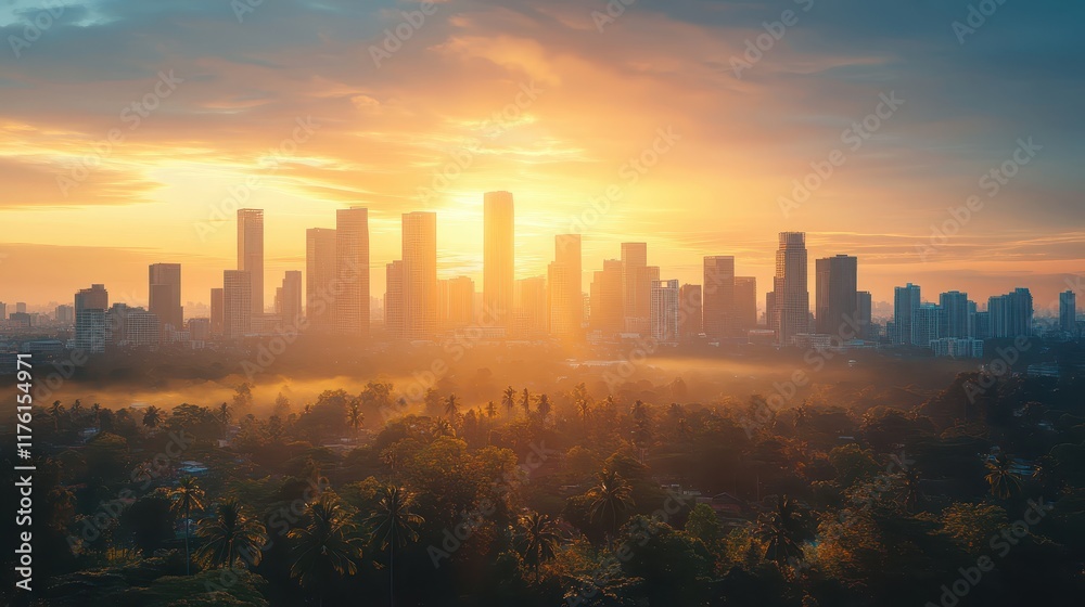 Fototapeta premium golden hour skyline soft golden hues of sunset casting over modern city skyline clear area at the top for text placement selective focus serene theme realistic silhouette urban bac