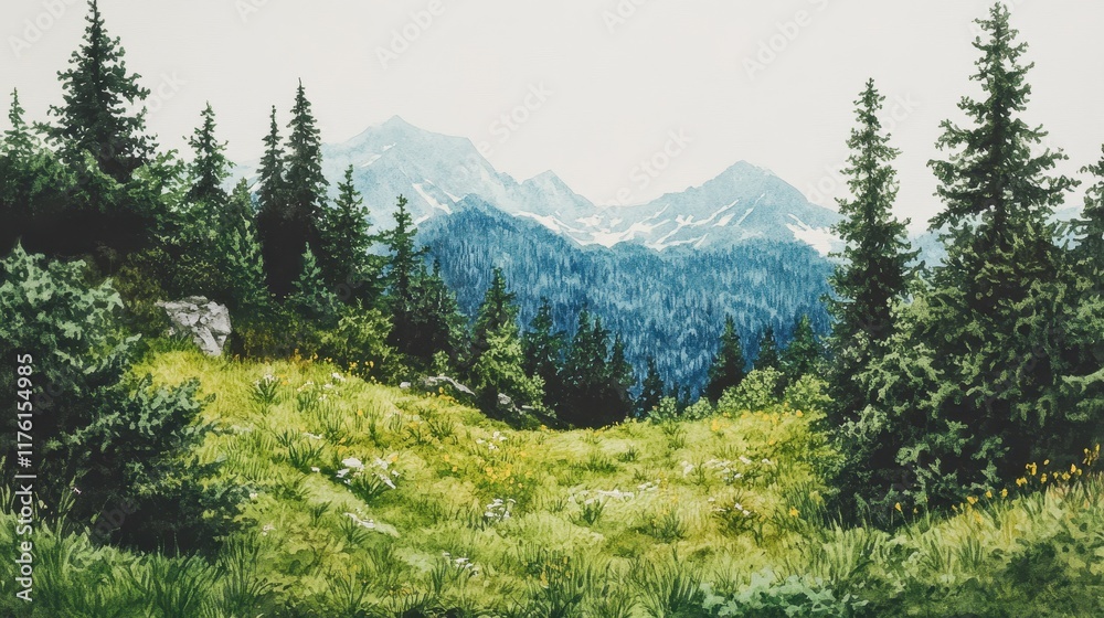 Obraz premium A painting of a forest with a mountain in the background