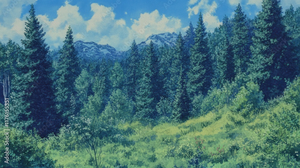 Obraz premium A painting of a forest with trees and a grassy field