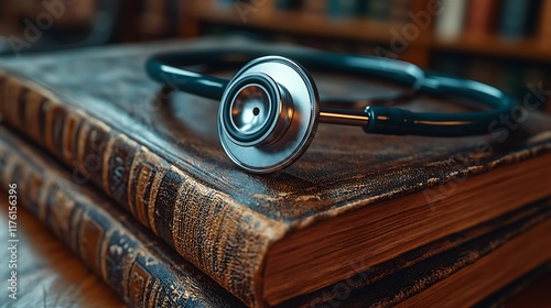 Stethoscope on antique medical texts in library; history of medicine