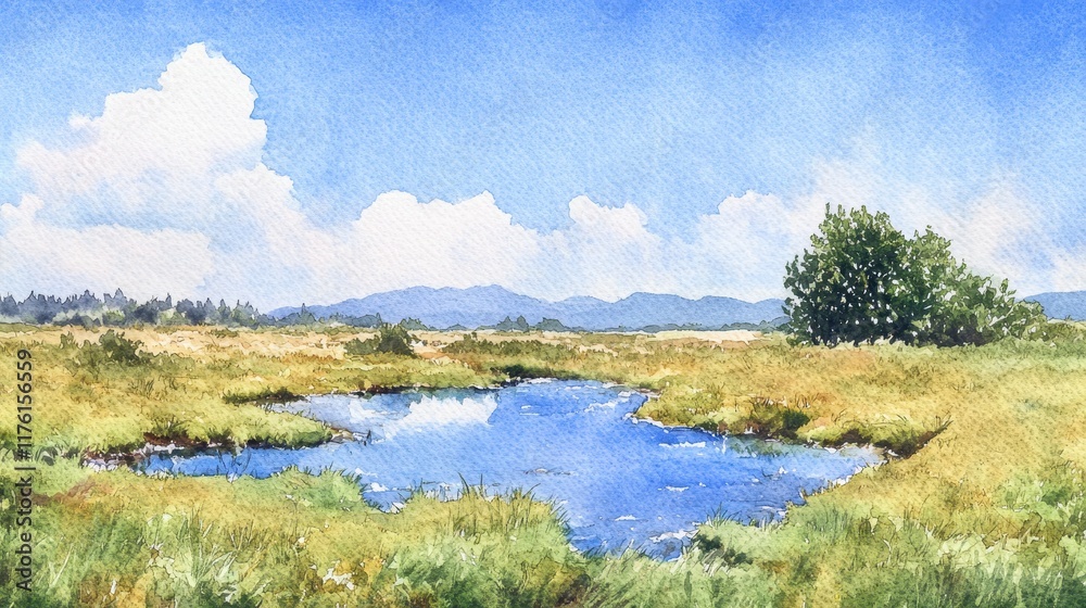 Obraz premium A small pond is in the middle of a grassy field