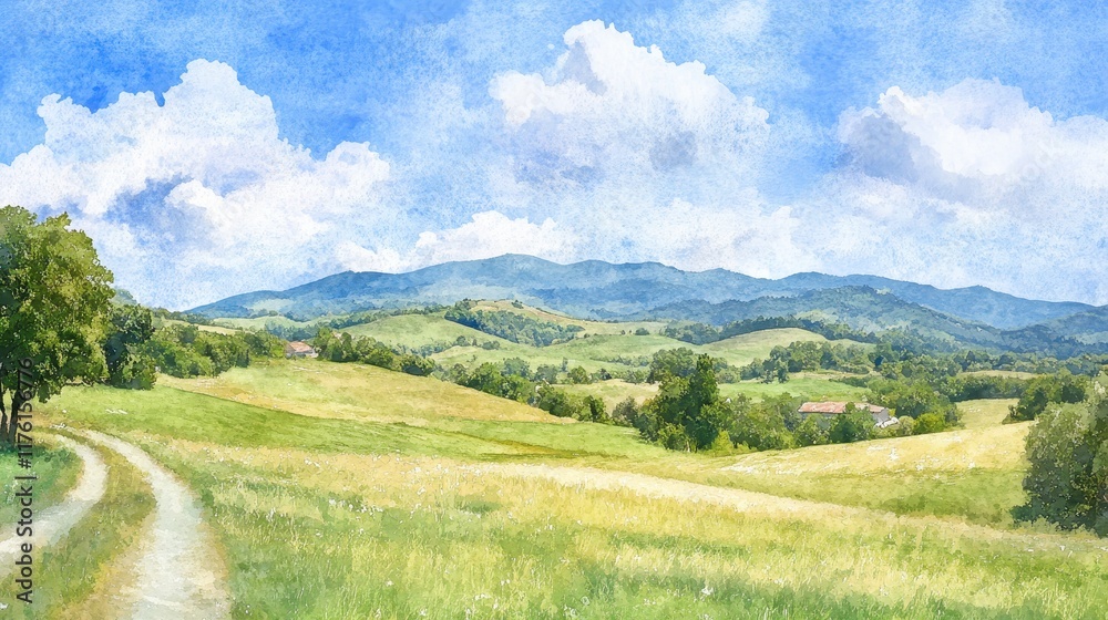 Fototapeta premium A road runs through a grassy field with a mountain in the background