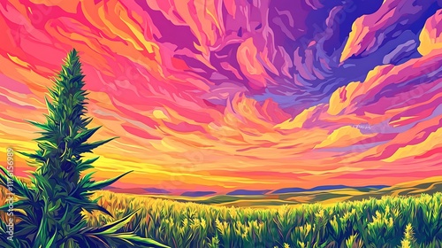 Generative AI illustration of a green cannabis plant against a colorful sunset sky in a field
