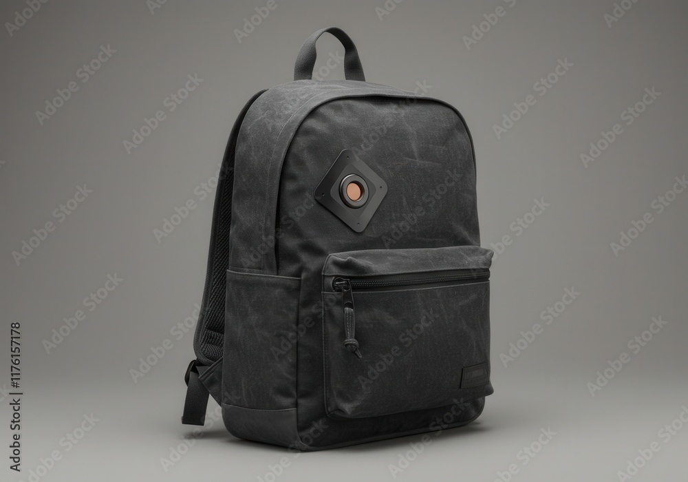 Naklejka premium Modern black backpack with smart tracking device on neutral background