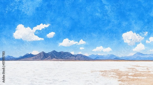 A mountain range is in the background of a painting of a desert