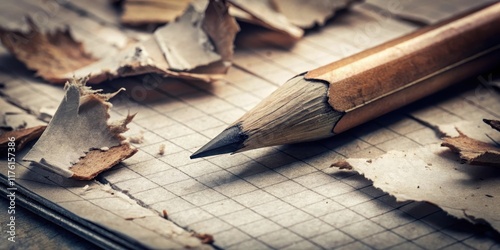 Old pencil lies abandoned on a torn piece of paper, its lead exposed and broken , muted, damaged,  muted, damaged, shredded